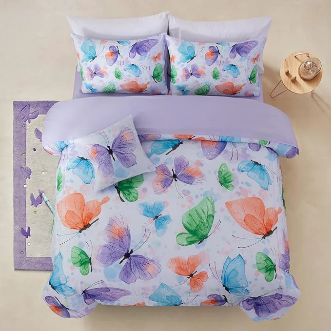Breathable A Nice Night 6pcs Bed in A Bag Watercolor Ink Wash Tie-Dye Butterfly Flying Printed Butterflies Bedding Comforter Set Purple Green Full Classic