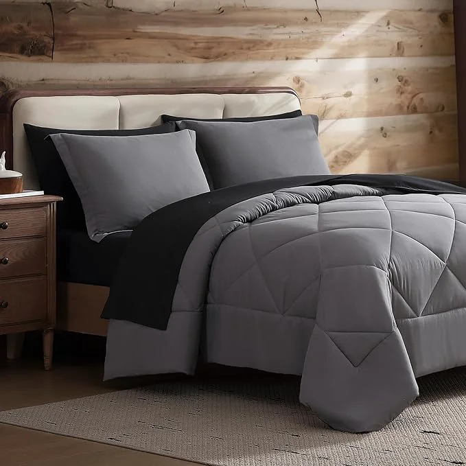 Flexible Coleman Queen Comforter Set Reversible Bed-in-a-Bag– Double-Sided Color Options All-Season Comforter Shams Sheets – for Home Cabin or Camp Use Black Gray High-Grade