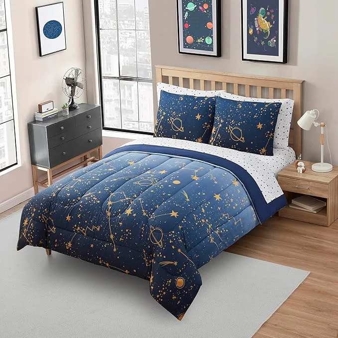 Breathable Kids Bedding Set Bed in a Bag for Boys and Girls Toddlers Printed Sheet Set and Comforter Full Galaxy Solid