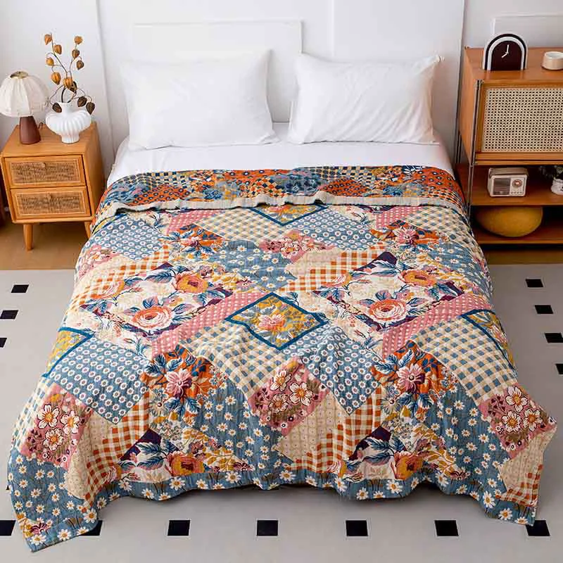 Powerful Ownkoti Patchwork Floral Natural Cotton Gauze Quilt Easy-to-Use
