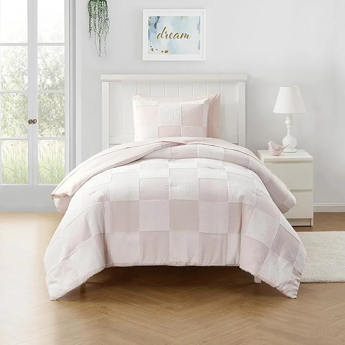 Luxury Kids Comforter Set Bedding Set Bed in a Bag for Boys and Girls Toddlers Printed Sheet Set and Comforter Twin Chenille Checkered Blush Pink Clean