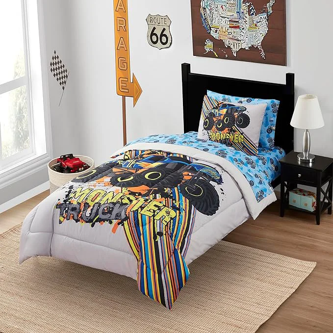 Solid Kids Bedding Set Bed in a Bag for Boys and Girls Toddlers Printed Sheet Set and Comforter Twin Monster Truck Sustainable