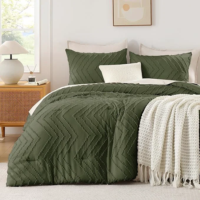 Long-Lasting Andency Olive Green Oversized Queen Comforter Set Boho Soft Warm Bedding Comforter Sets 3 Pieces Aesthetic Chevron Farmhouse Cute Bohemian Textured Bed Set Verified