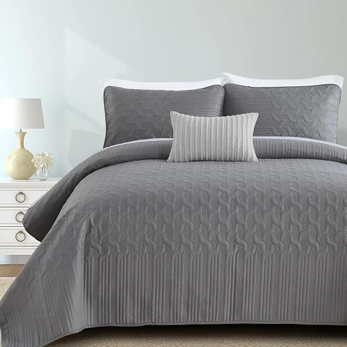 Professional Yiran Grey Quilt Set Queen Size Lightweight Bedspread Ultrasonic Wave Pattern Soft Microfiber Coverlet for All Season Modern Style 3 Piece Bed Cover Sets with 2 Pillow Shams 96 quot x90 quot Excellent