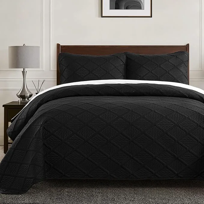 Traditional Yiran Quilt Queen Size Bedding Set Black Bedspreads Embossed Diamond Pattern Soft Microfiber Coverlet Bedding Set for All Season with 2 Pillow Shams Full Queen 96×90 Inch Breathable
