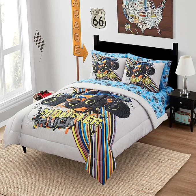 First-Class Kids Bedding Set Bed in a Bag for Boys and Girls Toddlers Printed Sheet Set and Comforter Full Monster Truck Genuine