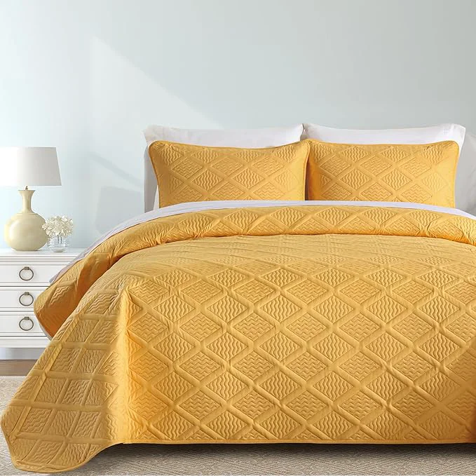 Excellent Yiran Mustard Yellow Quilt Set King Size 3 Piece Reversible Bedspreads Bedding Set Winter Diamond Pattern Coverlet for All Season with 2 Pillow Shams King 106×96 Inch Powerful