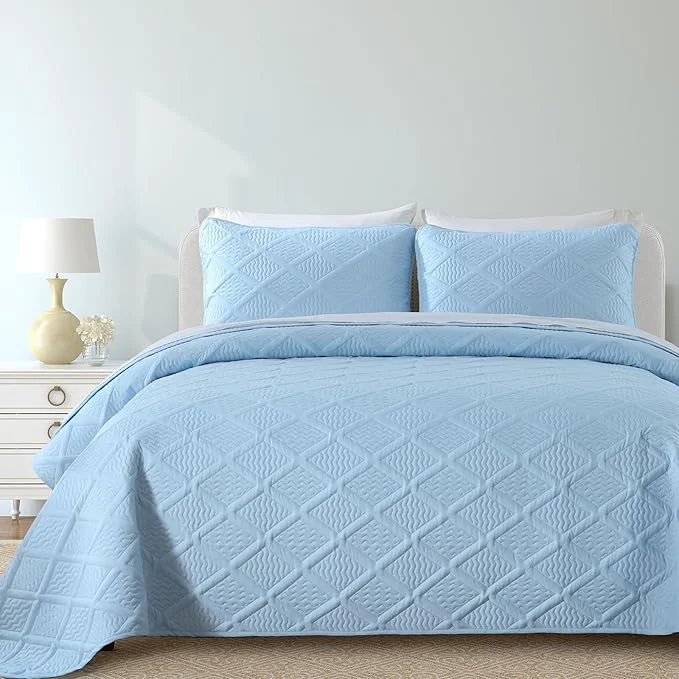 Reusable Yiran Ash Blue Quilt Set King Size 3 Piece Reversible Bedspreads Bedding Set Fall Diamond Pattern Coverlet for All Season with 2 Pillow Shams King 106×96 Inch Organic