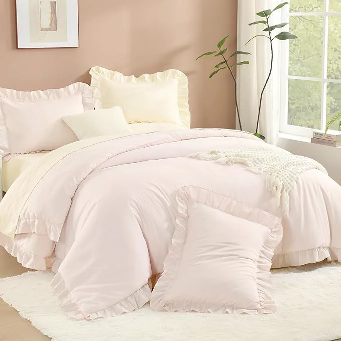 Functional Litanika Light Pink Queen Comforter Set 3 Pieces Ruffle Farmhouse Aesthetic Bedding Comforter Set All Season Soft Lightweight Fluffy Microfiber Bed Set 90x90In Comforter 2 Pillowcases Prestigious