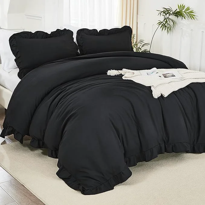 Fast Litanika Black Queen Comforter Set 3 Pieces Ruffle Farmhouse Aesthetic Bedding Comforter Set All Season Soft Lightweight Fluffy Microfiber Bed Set 90x90In Comforter 2 Pillowcases Exceptional