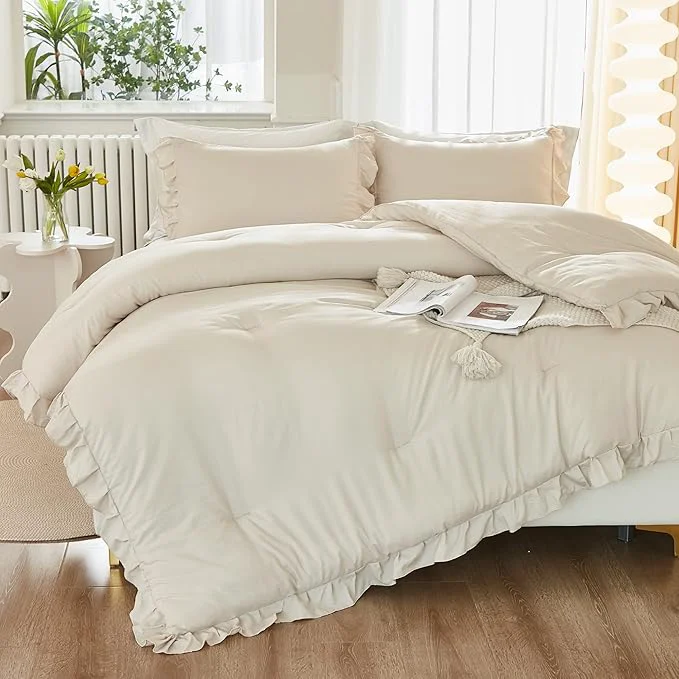 Safe Litanika Comforter Twin Size Set Beige 2 Pieces Ruffle Lightweight Bedding Comforter Set Fluffy Bed Set 66x90In Comforter 1 Pillowcase Soft