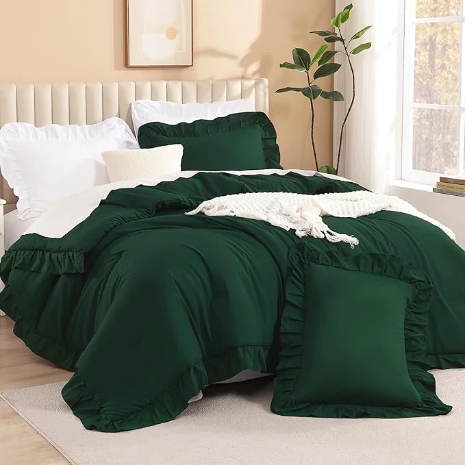 Detailed Litanika Dark Emerald Green King Comforter Set 3 Pieces Boho Vintage Solid Forest Ruffle Bedding Set All Season Lightweight Bed Set 104x90In Comforter amp 2 Pillowcases Long-Lasting