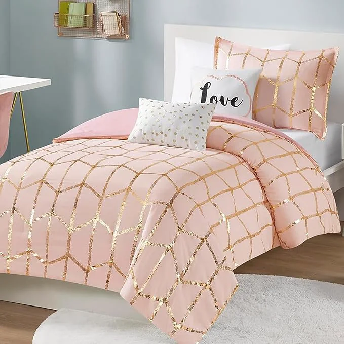 Crafted Intelligent Design Raina Twin Twin XL Comforter Set Chic Geometric Metallic Bed Set for girls 4 Pieces Dorm College Bedding with 1 Shams 2 Toss Pillows Blush Gold Artisan