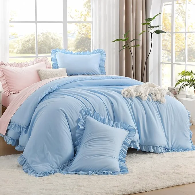 Premium Material Litanika Light Blue Full Size Comforter Sets 3 Pieces Ruffle Farmhouse Aesthetic Bedding Comforter Sets All Season Soft Lightweight Fluffy Microfiber Bed Set 79x90In Comforter 2 Pillowcases Modern