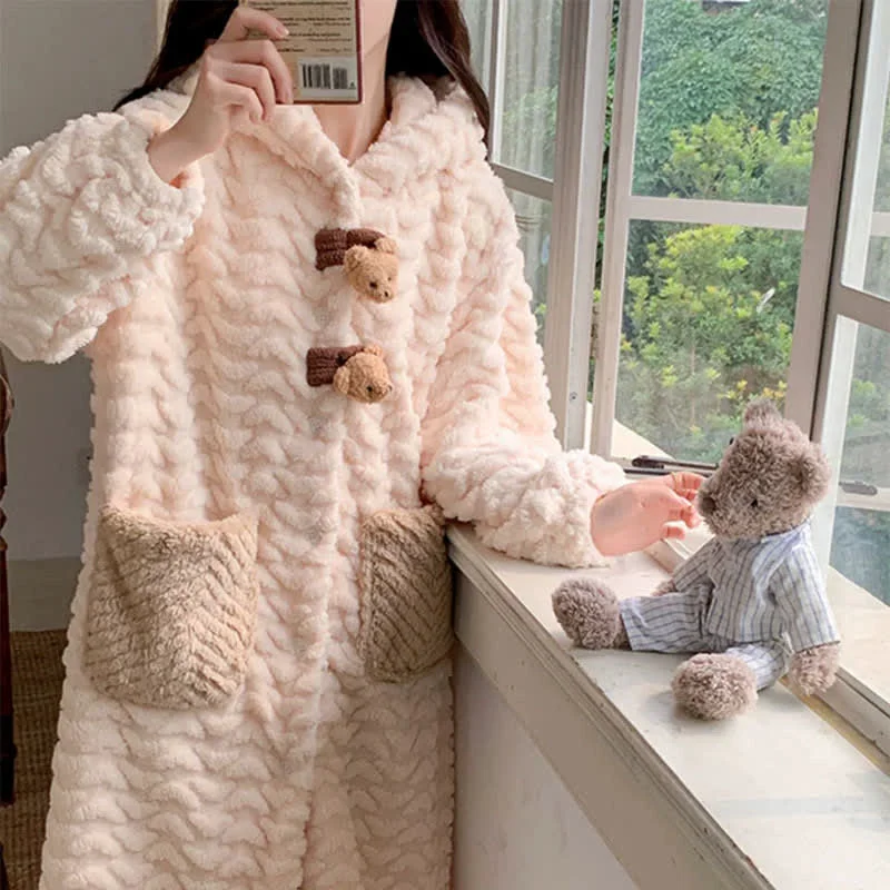 Modern Ownkoti Bear Plush Button Hooded Robe Soft