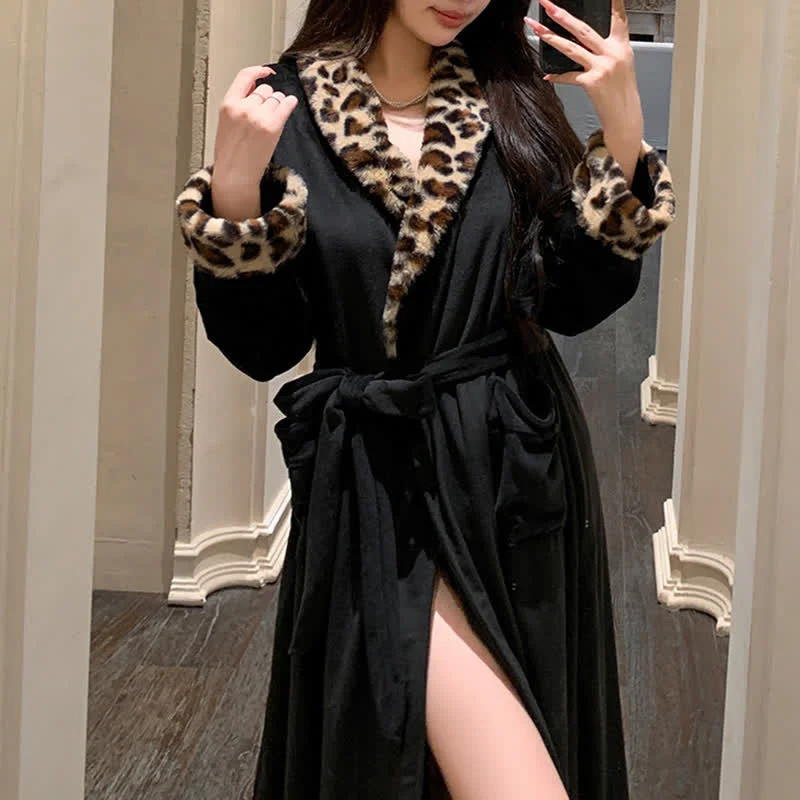 Easy-to-Use Ownkoti Light Luxury Leopard Collar Plush Robe Natural