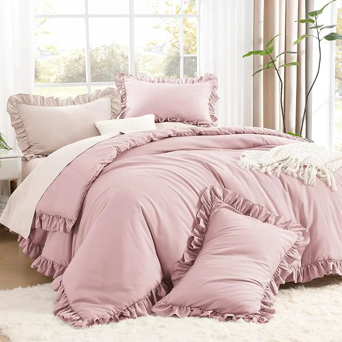 Classic Litanika Grayish Pink Queen Comforter Set 3 Pieces Ruffle Farmhouse Aesthetic Bedding Comforter Set All Season Soft Lightweight Fluffy Microfiber Bed Set 90x90In Comforter 2 Pillowcases Stylish
