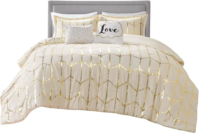 Exclusive Intelligent Design Raina Full Queen Comforter Set Soft Microfiber Modern Geometric Metallic Bed Set 5 Pieces College Bedding with 2 Shams 2 Toss Pillows Ivory Gold Artisan