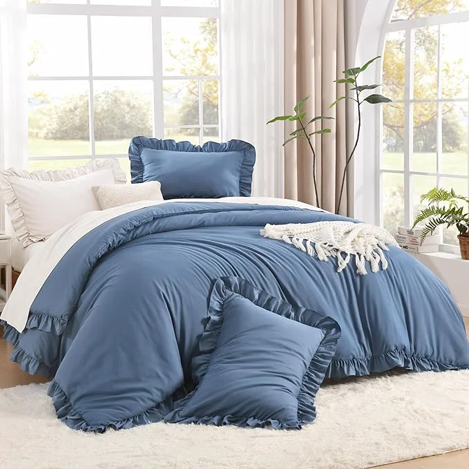 Specialty Litanika Ocean Blue Queen Comforter Set 3 Pieces Ruffle Farmhouse Aesthetic Bedding Comforter Set All Season Soft Lightweight Fluffy Microfiber Bed Set 90x90In Comforter 2 Pillowcases Artisan