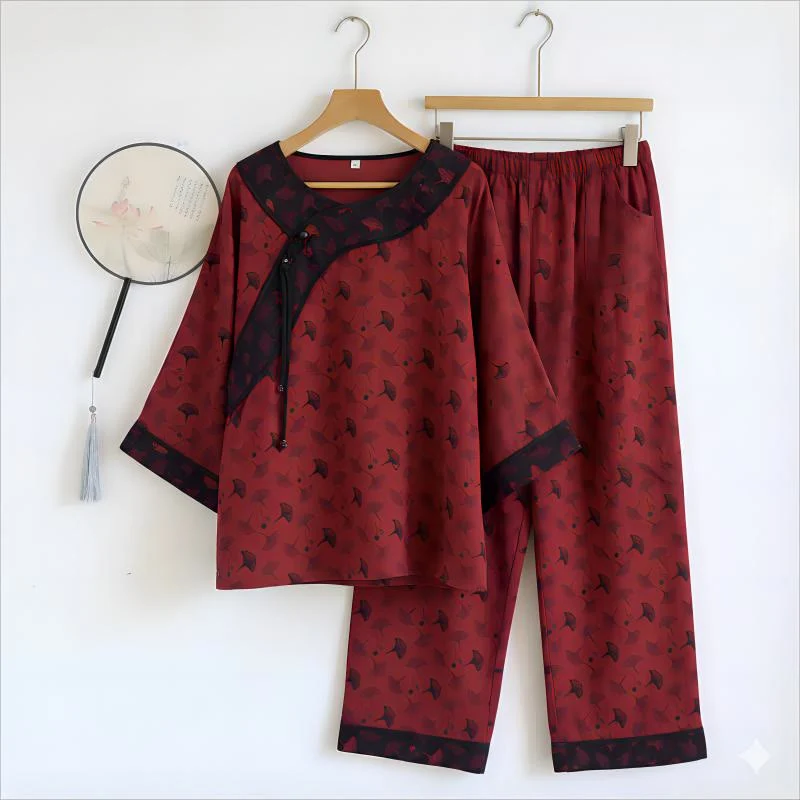 Comfortable Ownkoti Ginkgo Leaf Oriental Tassel Cotton Pajamas Certified