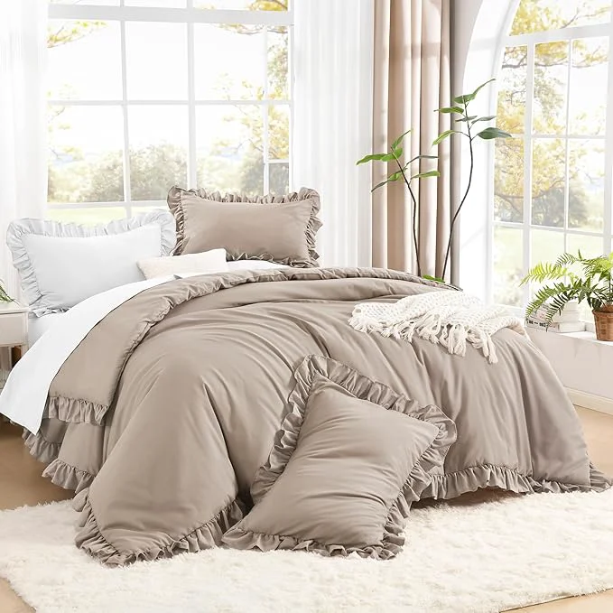 Natural Litanika Light Coffee King Size Comforter Set 3 Pieces Ruffle Farmhouse Aesthetic Bedding Comforter Set All Season Soft Lightweight Fluffy Microfiber Bed Set 104x90In Comforter 2 Pillowcases Excellent