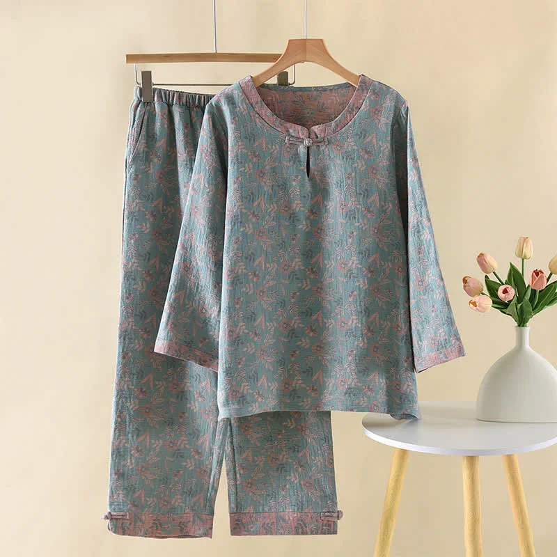 Versatile Ownkoti Vintage Cotton Botanical Long Sleeve Pajamas Natural