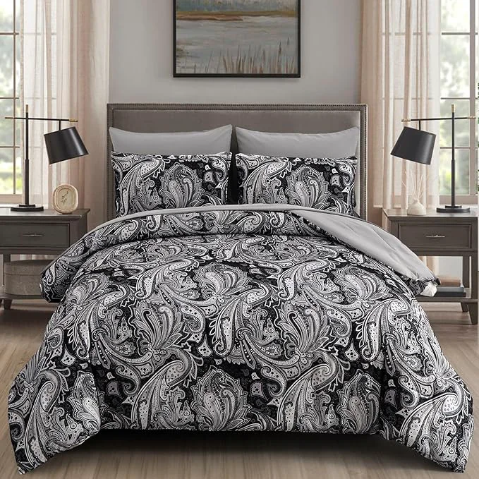 Reusable Black Paisley Comforter Set California King Size 7 Piece Bed in a Bag Black Gray Boho Paisley Pattern Comforter Set Soft Lightweight Microfiber Reversible Bedding Set for All Season 106 39 39 x96 39 39