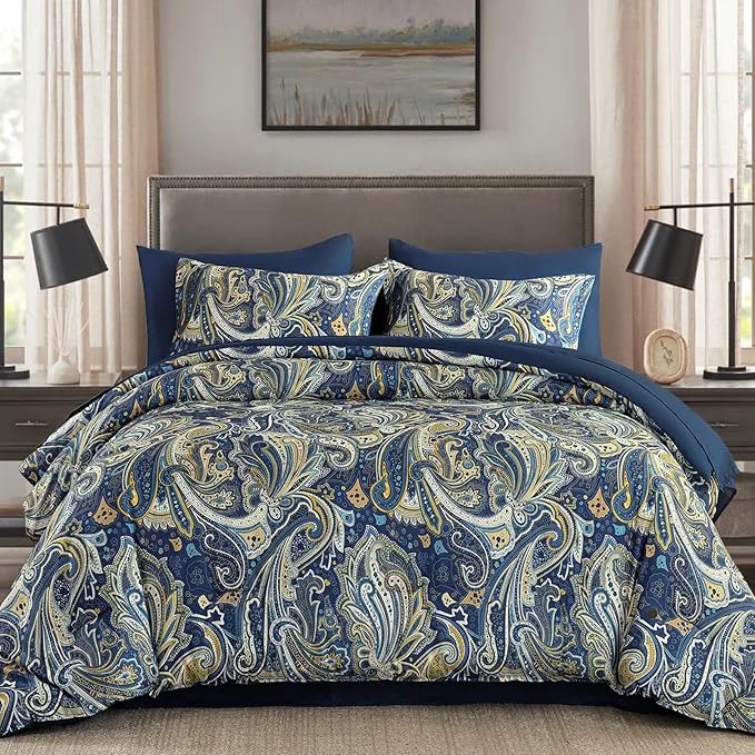 Sophisticated DJY Paisley Comforter Set King Size Navy Gold Boho Bed in a Bag 7 Piece Soft Microfiber Vintage Paisley Floral Pattern Complete Bedding Set for All Season 104 39 39 x90 Secure