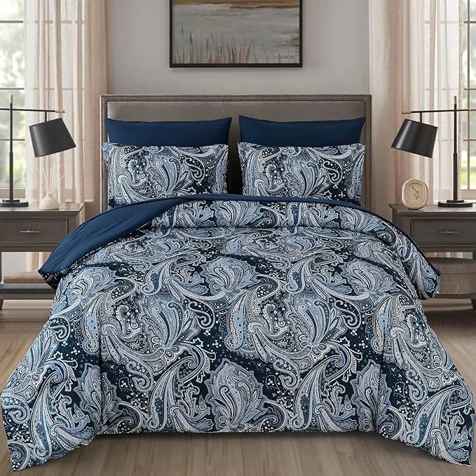Flexible DJY Navy Paisley Comforter Set King Size 7 Piece Bed in a Bag Boho Paisley Pattern Comforter Set Soft Lightweight Microfiber Blue Reversible Bedding Set for All Season 104 39 39 x90 39 39 Crafted