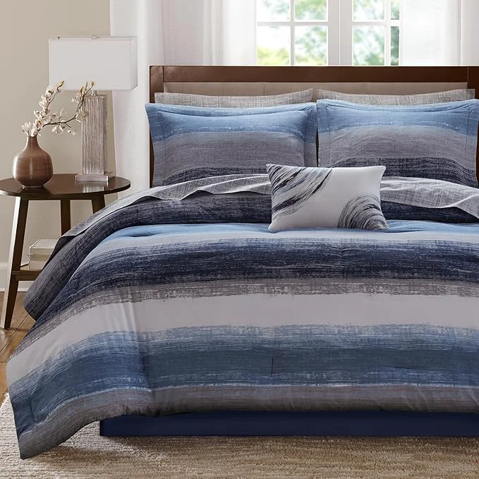 World-Class Madison Park Essentials Twin Comforter Set Bed in a Bag Watercolor Print Coastal Comforter amp Chambray Cotton Sheet Set All Season Bedding Set Saben Navy Twin 68 in x 86 in 7 Piece Secure