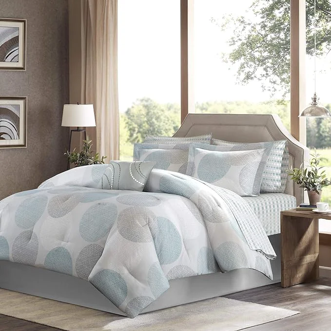 Breathable Madison Park Essentials Bed in a Bag Comforter Vibrant Color Design All Season Down Cover with Complete Cotton Sheet Set Twin 68 quot x86 quot Knowles Circular Aqua 7 Piece Long-Lasting