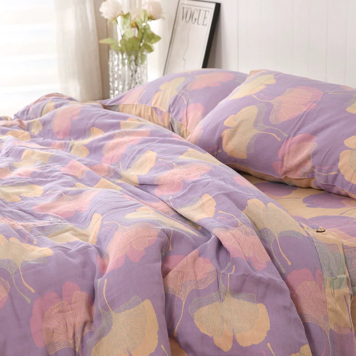 Luxury Ownkoti Ginkgo Leaf Cotton Reversible Bedding Set 4PCS Organic