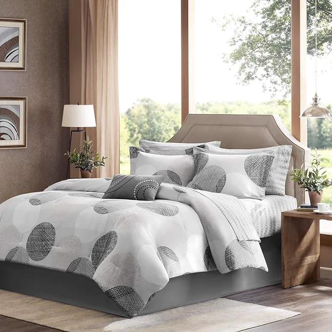 Dependable Madison Park Essentials Bed in a Bag Comforter Vibrant Color Design All Season Down Cover with Complete Cotton Sheet Set Cal King 104 quot x92 quot Knowles Circular Grey 9 Piece Efficient