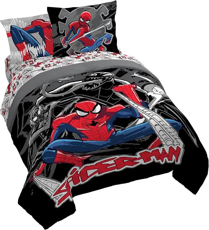 Excellent Jay Franco Kids Comforter Set Includes Sheets and Pillow Covers – Soft and Cozy Bed Set for Stylish Room Decor Black – Spiderman 7 Piece Queen Bedding Organic