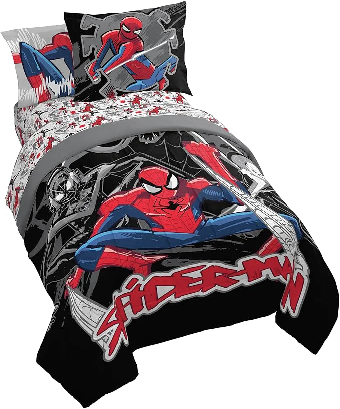 Authentic Jay Franco Kids Comforter Set Includes Sheets and Pillow Covers – Soft and Cozy Bed Set for Stylish Room Decor Black – Spiderman 7 Piece Full Bedding Organic