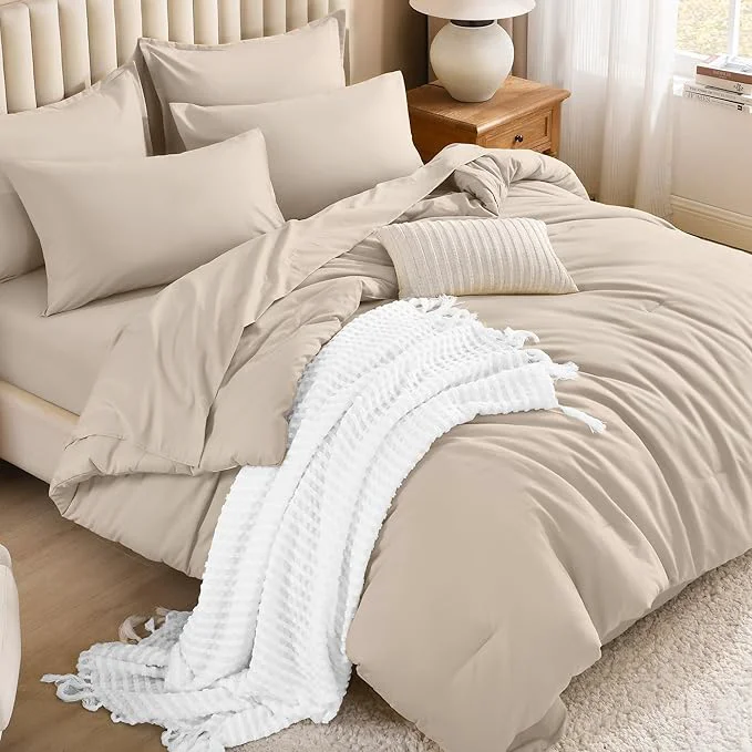 Elegant Litanika Comforter California King Size Set Khaki – 7 Pieces Bed in a Bag California King Bedding Comforter Sets Plain Lightweight Bed Set with Comforter Sheets Pillowcases amp Shams Durable