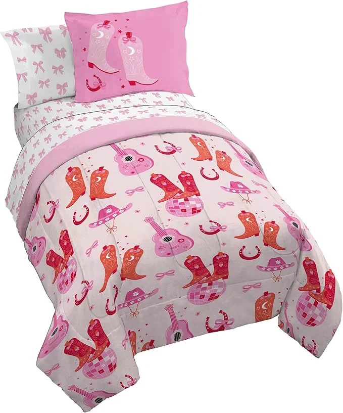 Certified Jay Franco Kids Comforter Set Includes Sheets and Pillow Covers – Soft and Cozy Bed Set for Stylish Room Decor Pink Cowgirl Boots amp Bows 7 Piece Full Size Bedding Prestigious