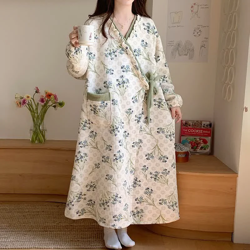 Lightweight Ownkoti Elegant Floral Ruffled Nightdress with Pocket Versatile