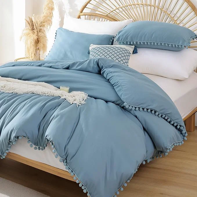 Exclusive YIRDDEO Queen Comforter Set – Comforter Queen Size Sets with Ball Pom Fringe Soft Bedding Set for All Seasons – 3 Pieces 1 Comforter 90 quot x90 quot amp 2 Pillow Shams 20 quot x26 quot Dusty Blue Sustainable