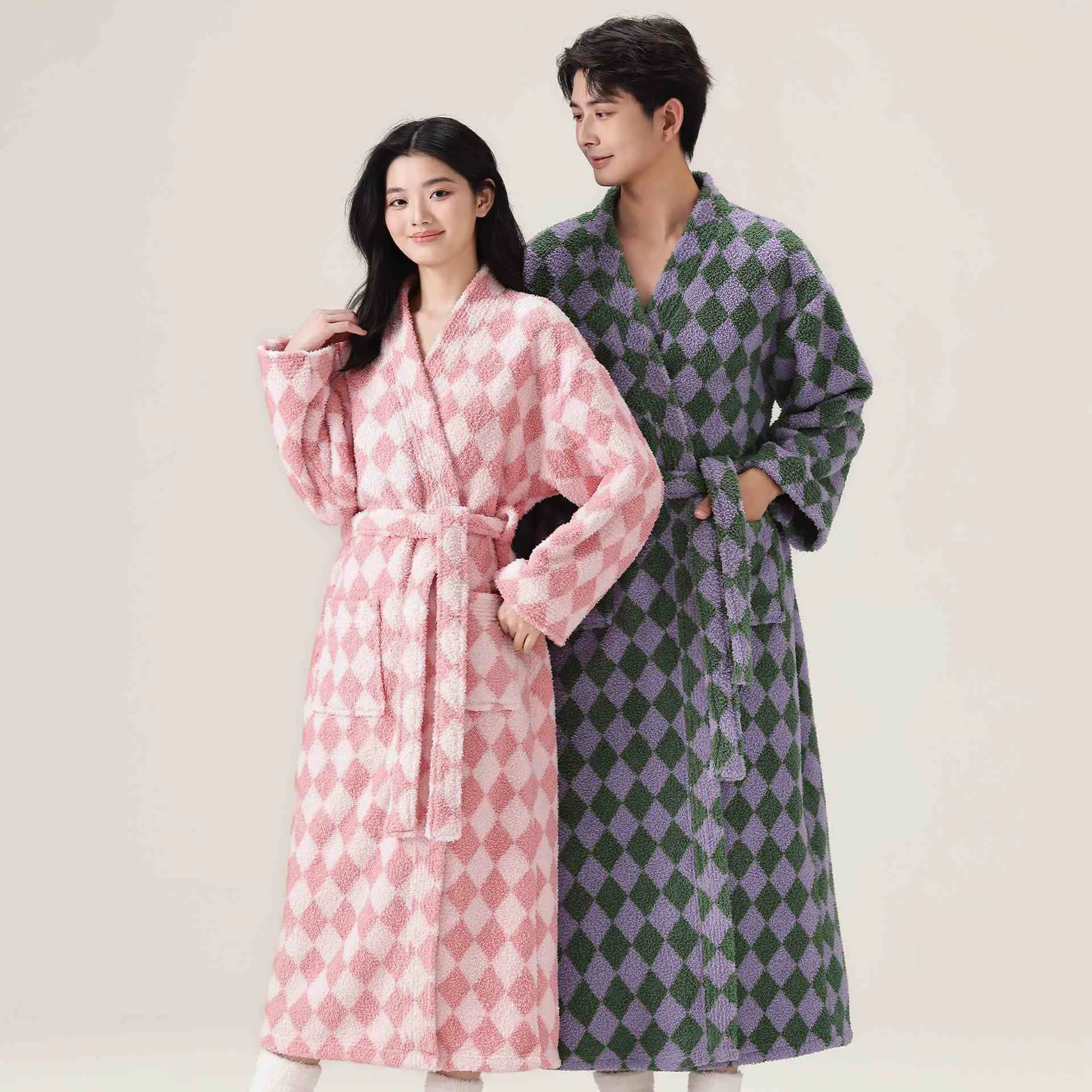 Minimalist Ownkoti Unisex Diamond Pattern Plush Robe Durable