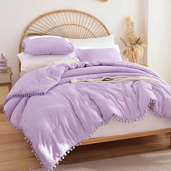 Trendy YIRDDEO Twin Comforter Set – Comforter Twin Size Bed with Ball Pom Fringe Soft Bedding Set for All Seasons – 2 Pieces 1 Comforter 66 quot x90 quot amp 1 Pillow Sham 20 quot x26 quot Lavender Purple