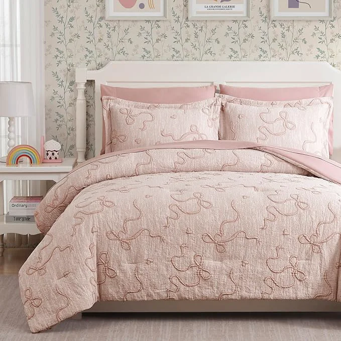 Flexible Geniospin Pink Queen Comforter Set for Girls- 7 Pieces Bowknot Jacquard Bed in A Bag Queen Bedding Sets with Sheets Pillowcases amp Shams All Season Kids Comforter Set High-Performance