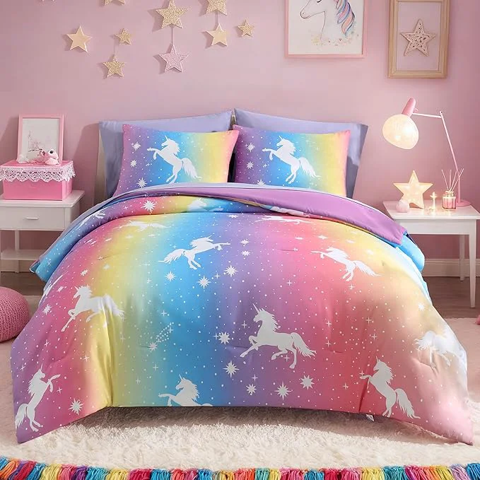 Professional Full Comforter Set for Girls Kids – 7 Pieces Rainbow Unicorn Full Size Bedding Sets for Kids Soft Cozy Bed in A Bag with Sheets Natural