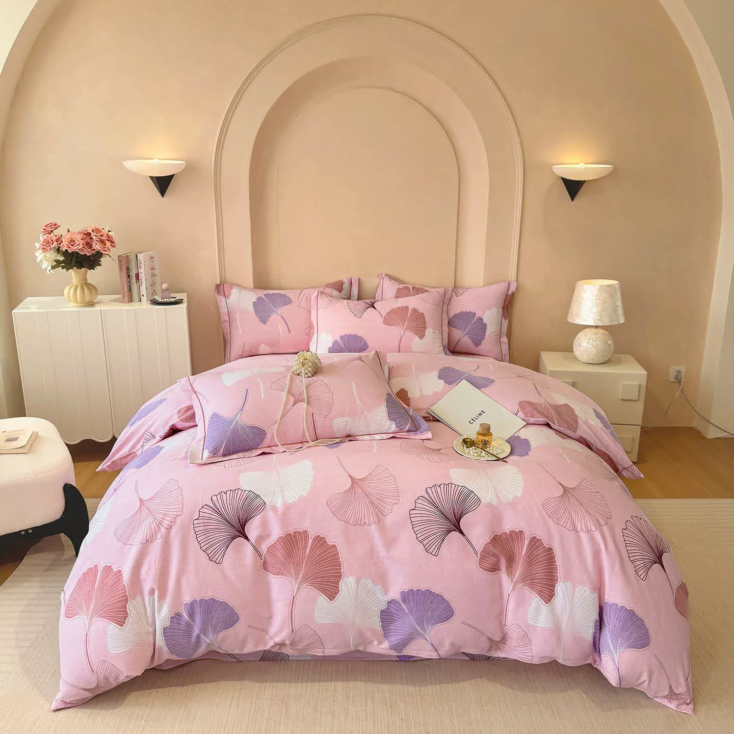 Excellent Ownkoti Ginkgo Leaf Pink Brushed Cotton Bedding Quality