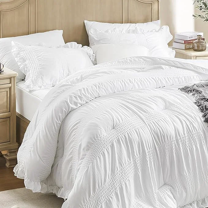 Pure QUIETSEA King Comforter Set Seersucker 7 Pieces Luxury Ruffle Bed in a Bag King Size for All Season White Bedding Set with Comforter Pillowcases Flat Sheet Fitted Sheet and Pillow Shams Smart