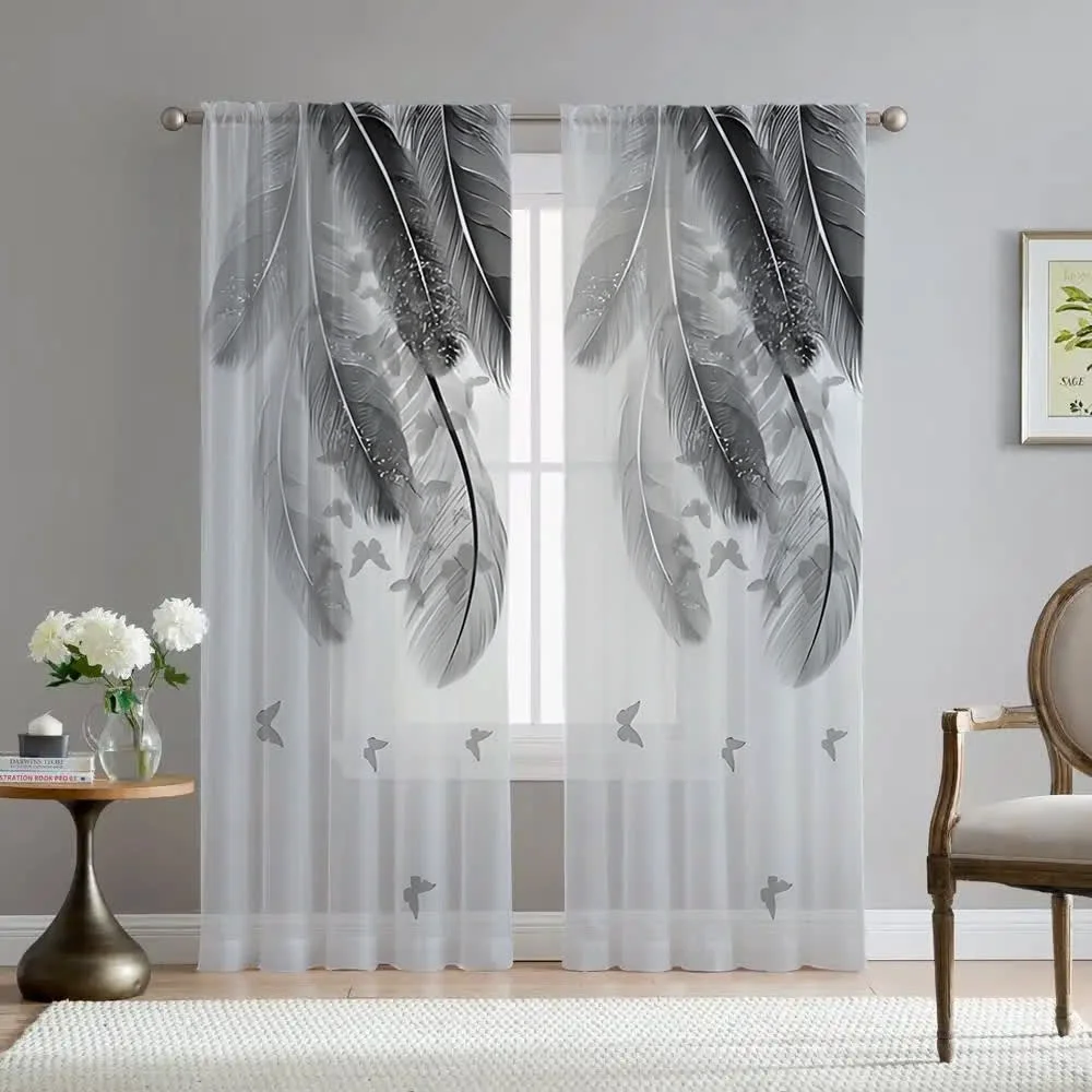 Official Ownkoti Feather Butterfly Print Sheer Curtain Contemporary