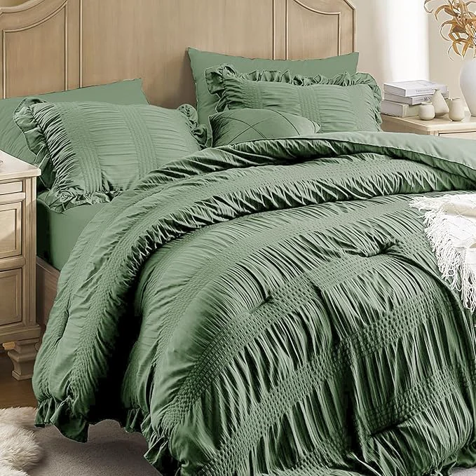 Dependable QUIETSEA Twin Comforter Set Seersucker 5 Pieces Luxury Ruffle Bed in a Bag Twin Size for All Season Green Bedding Set with Comforter Pillowcase Flat Sheet Fitted Sheet and Pillow Sham Original