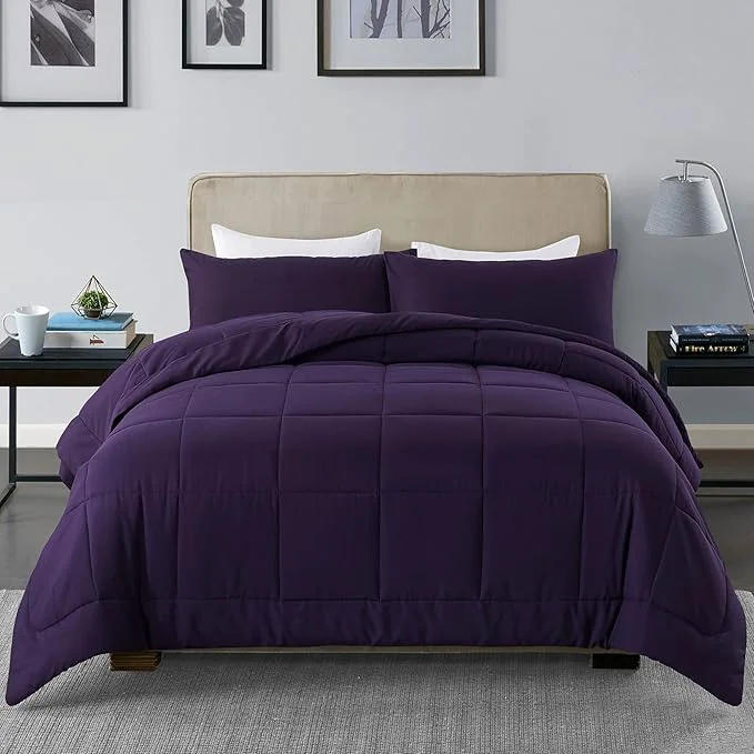 Efficient DOWNCOOL Full Size Purple Bedding Comforter Set – All Season Down Quilted Comforter with 2 Pillowcases – 3 Pieces Set Powerful