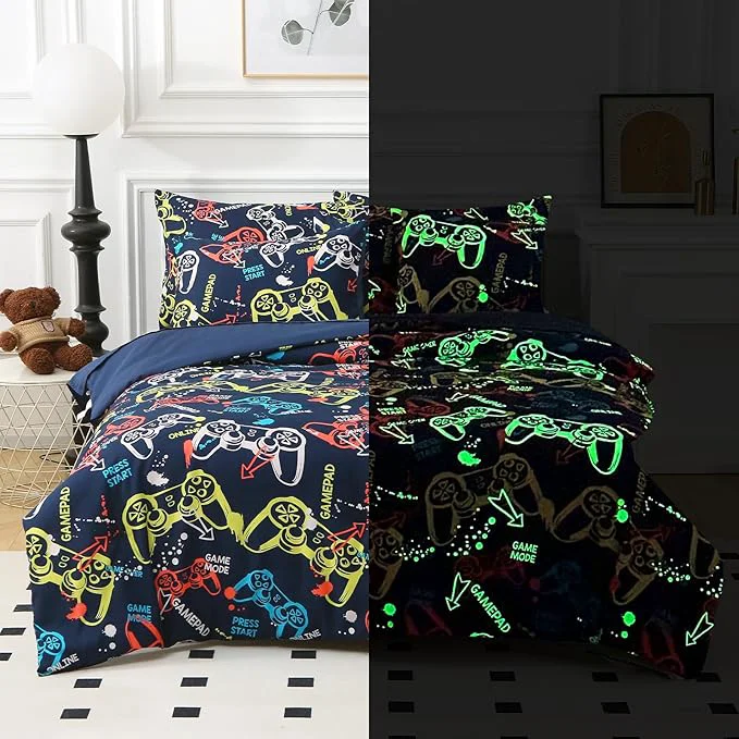 Solid Glow in The Dark Kids Comforter Set 7 Pieces Gamepad Pattern Bedding Set Full Size for Boys Girls Teen 1 Comforter 1 Pillowcase 2 Pillow Shams Consistent