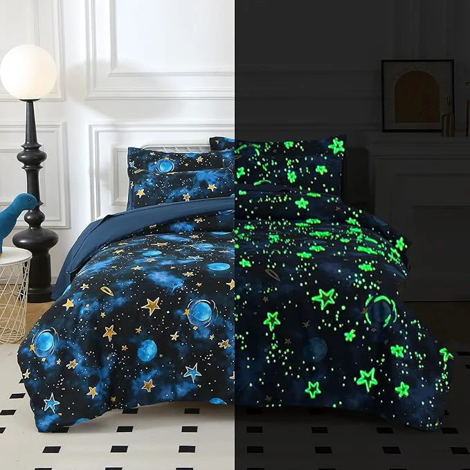 Crafted Glow in The Dark Kids Comforter Set 5 Pieces Blue Space Bedding Set Twin Size for Boys Girls Teen 1 Comforter 1 Pillowcase 1 Pillow Sham 1 Flat Sheet 1 Fitted Sheet Original
